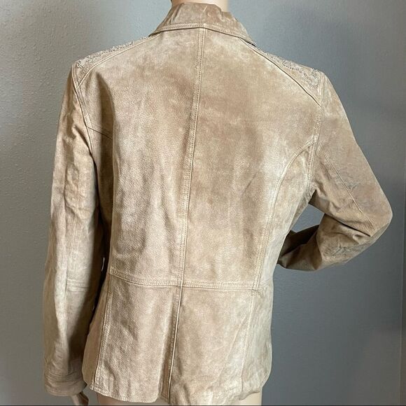 Brandon Thomas Tan Leather Jacket Cutout Turquoise Design Beaded Detail Medium - Picture 10 of 16